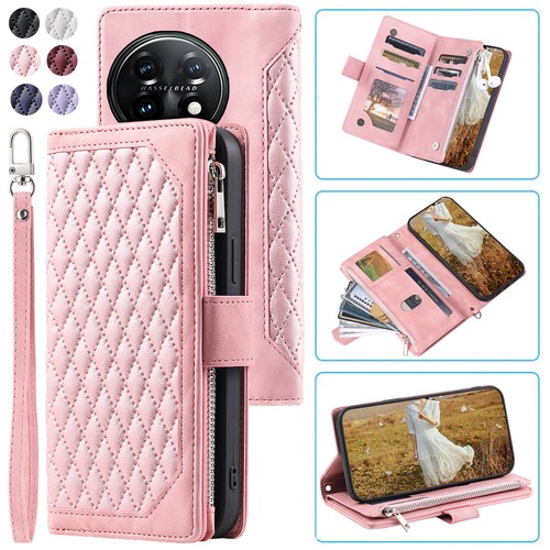 For OnePlus 12 Rhombic Wallet Case,Luxury Leather Zipper Flip Card Phone Case - Picture 4 of 44