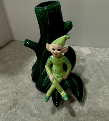 Vtg Treasure Craft Ceramic Elve Pixie Vase 50's Pixies Lime Green 6  Tall