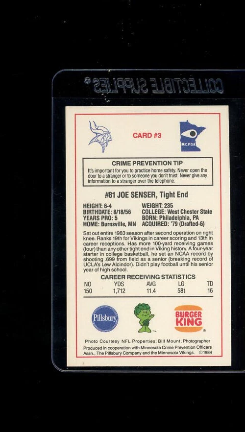 Pillsbury Minnesota Vikings Police Joe Senser 1984 Foto 2 de 2