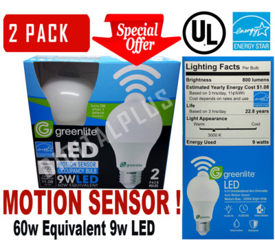2 Motion Sensor Occupancy LED Bulbs 60w Equivalent 9w 3000k Bright White A19 E26