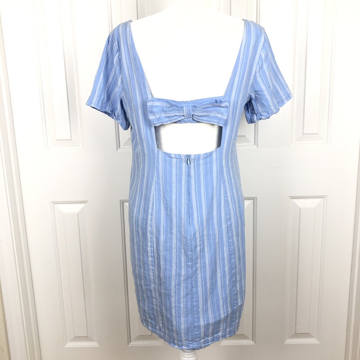 anthropologie blue linen dress 14 Cape May White Stripe Cutout Back Bow Zip x-styleCode:W26-13696