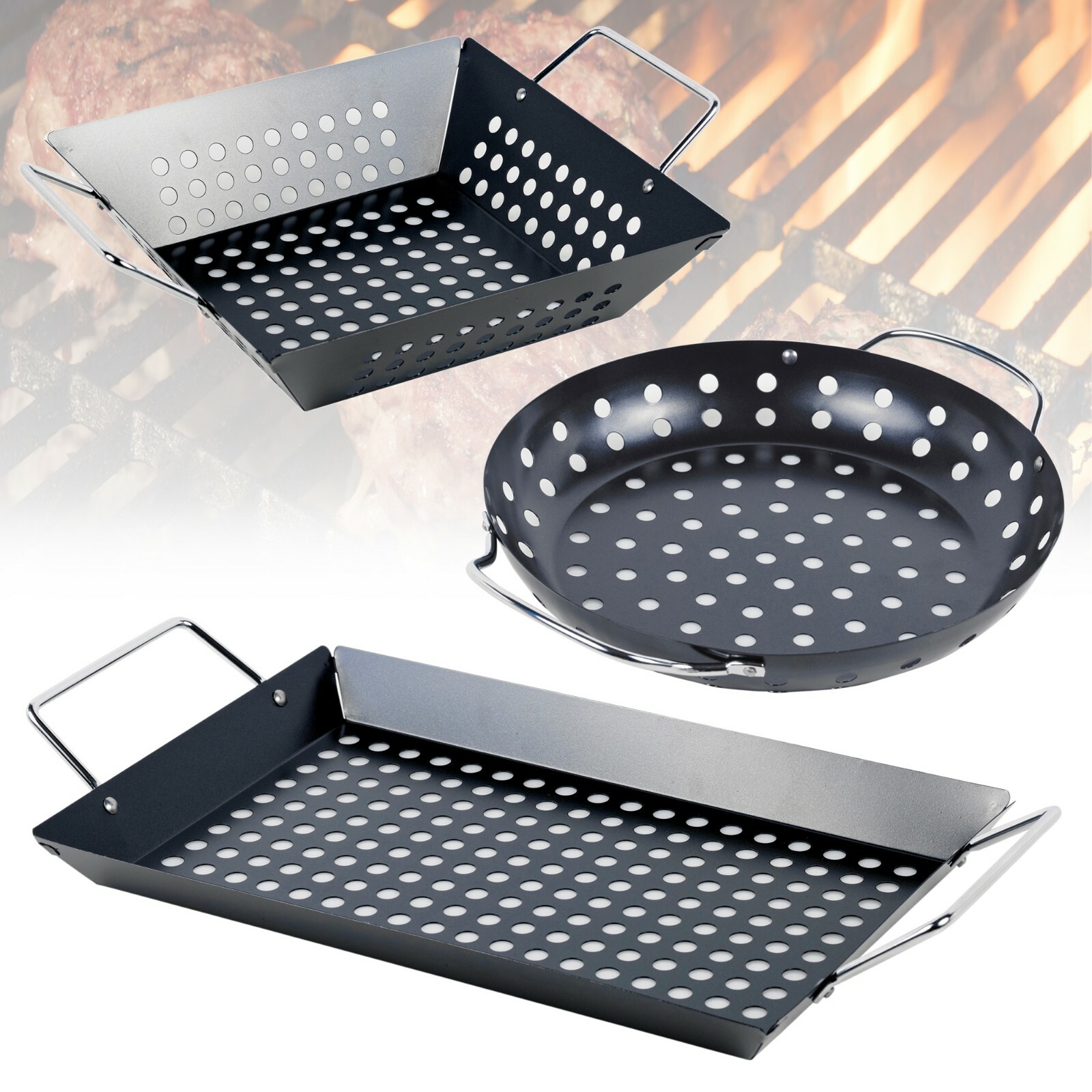 Large Black Steel Outdoor Grill BBQ Barbecue Woks Pan Trays Garden