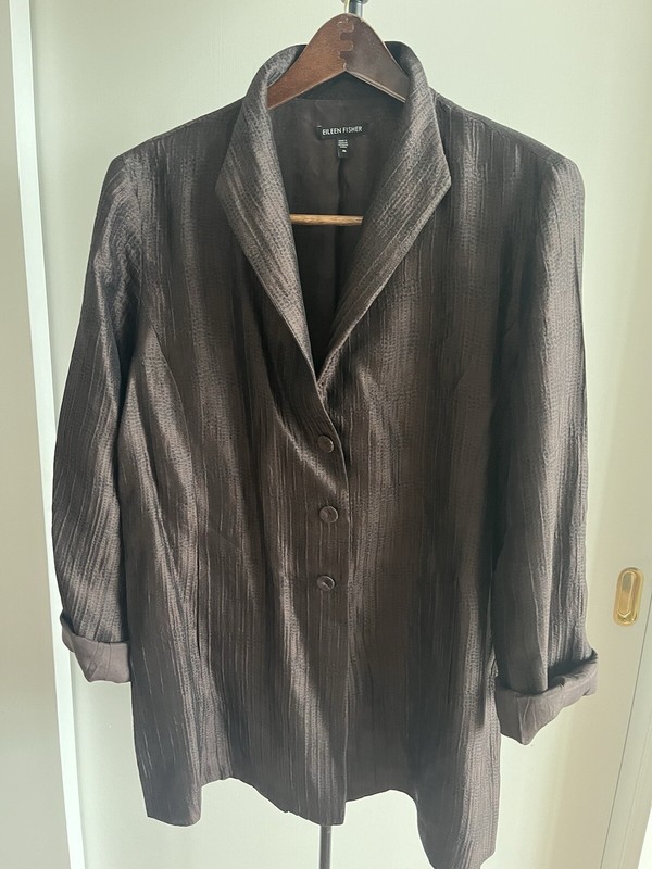 Eileen Fisher Women Silk Jacket Blazer Coat Brown Textured Silk Lined $299 Med