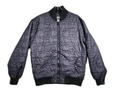 VTG Y2K Stussy Quilted Skull Sz L Black Bomber Jacket Mens Streetwear Full Zip 