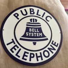 “Public Telephone” Bell System Metal Round Tin For Wall 7.9”x7.9” W/small Ding