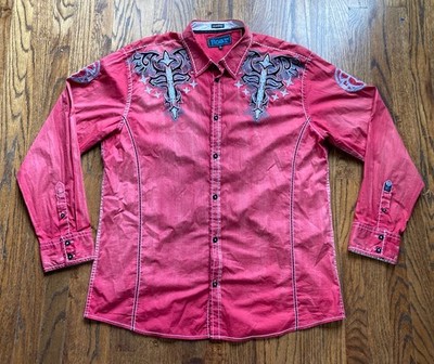 Roar Buckle Shirt Men's Size XL Embroidered Cross Grunge Gothic Red Charge Ahead