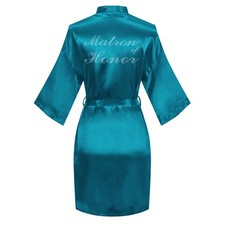 Womens Short Satin Kimono Robe Silver Rhinestones Bride Bridesmaid Bath