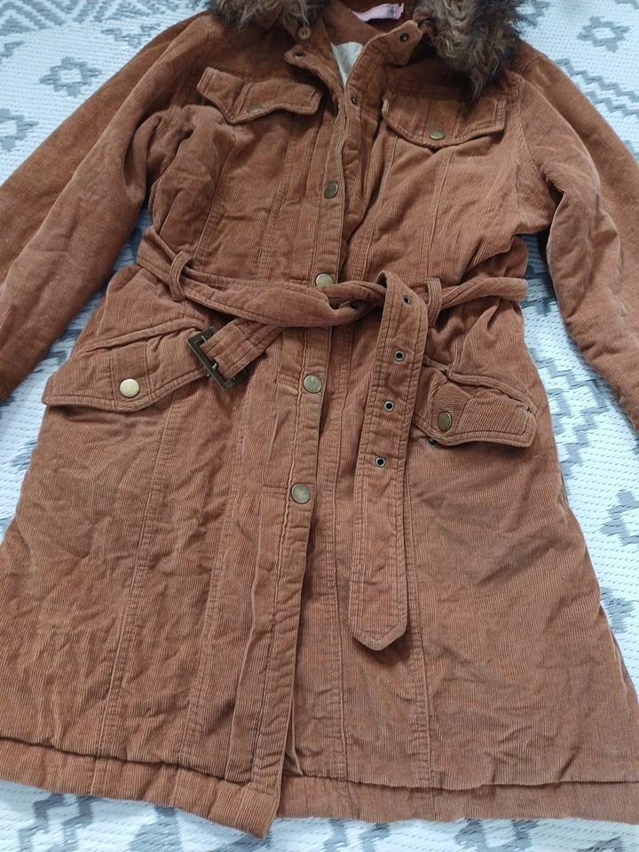 Vintage Brown Y2K Cord Belted Coat Fur Removable Trim 12 14 - image 3 of 4