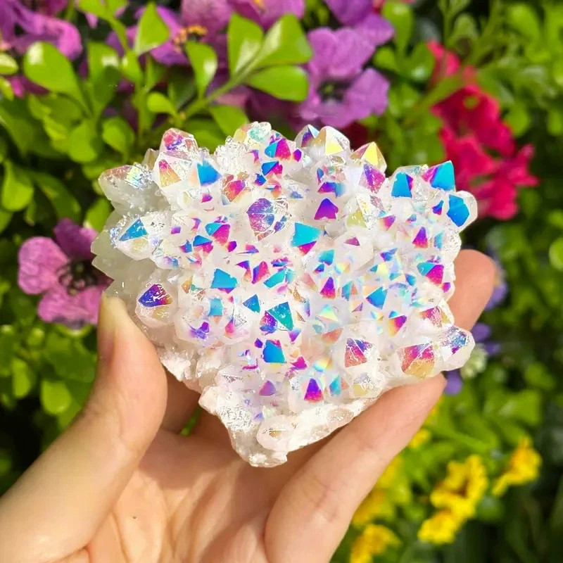 Natural Raw Rainbow Angel Aura Cluster Titanium Geode Quartz