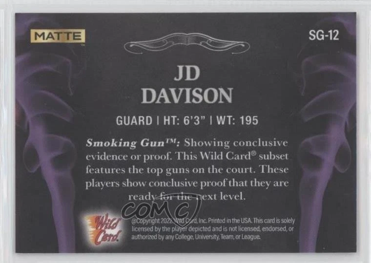 2022-23 Wild Card Matte Draft Smoking Gun Black - Purple Smoke JD Davison #SG-12 - Image 2 of 2