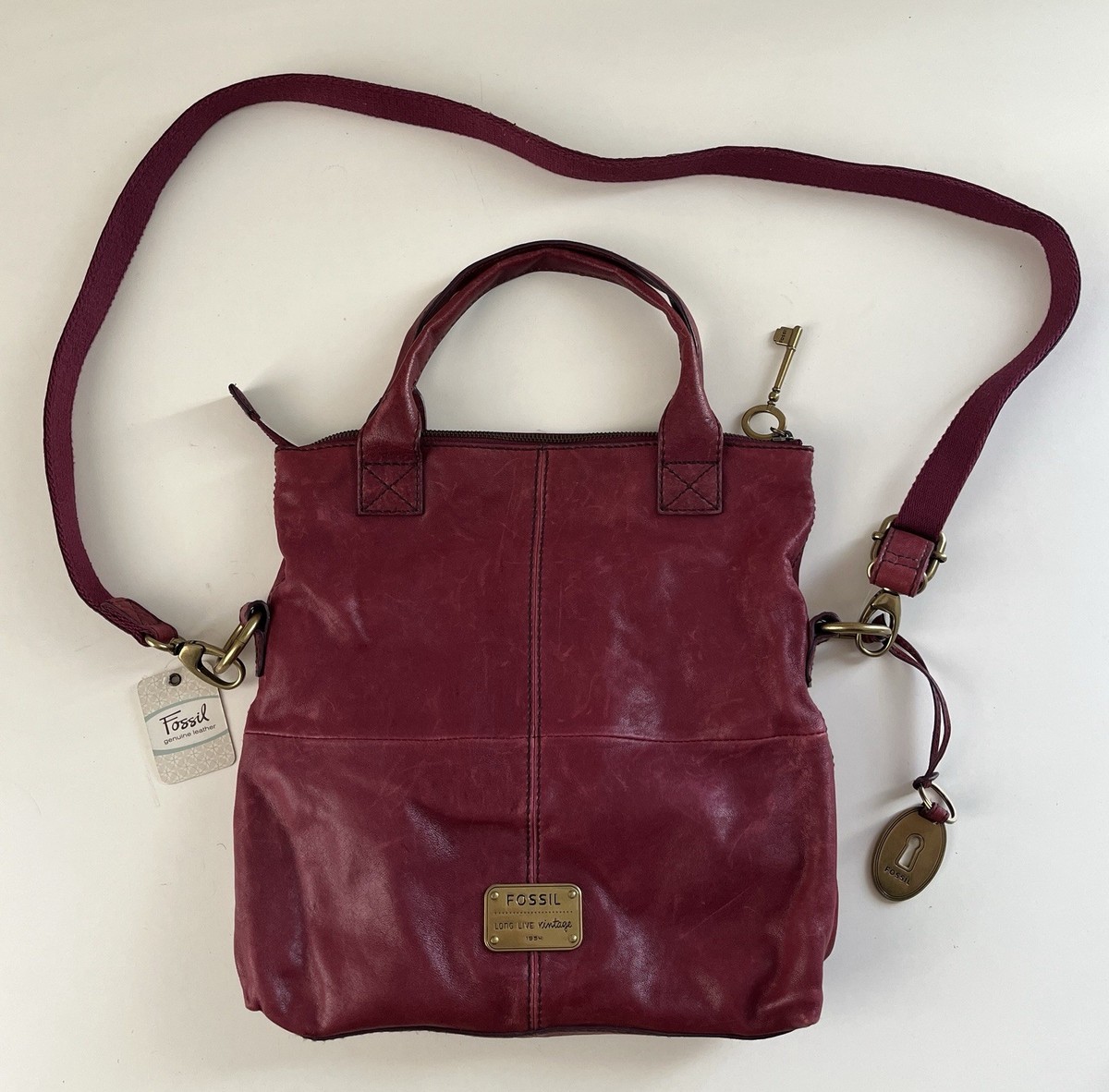 Vintage Fossil leather and canvas distressed top handle strap bag backpack Fossil WHITE GRAY COATED CANVAS BROWN LEATHER TRIM HANDLES  main image 2