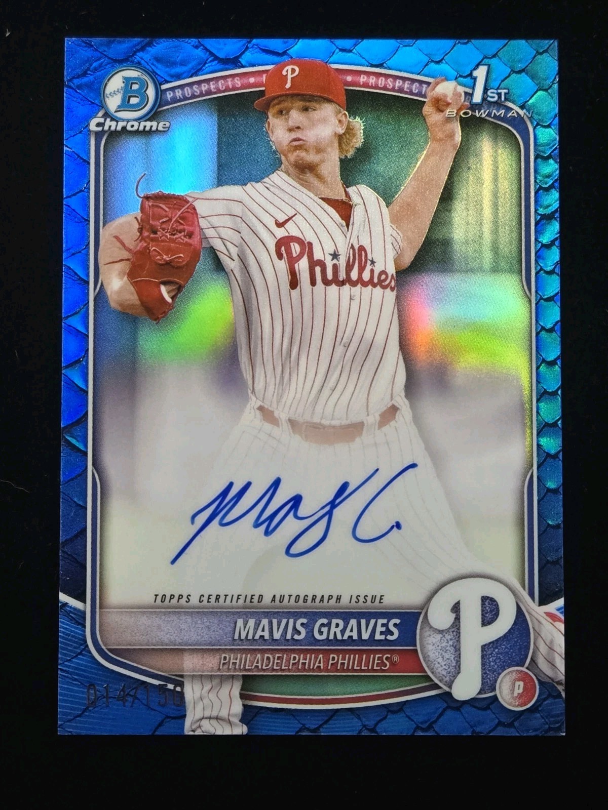 2025 Bowman Chrome Mavis Graves 1st Blue Reptilian Refractor AUTO #014/150 Phils