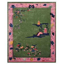 Green Hand Tufted Pictorial Area Rug Multi Sizes Chinese Art Deco Carpet