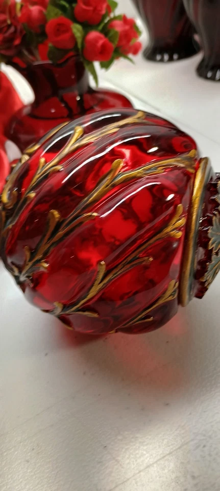 Ruby Red Anchor Hocking Glass Vase Handblown Decor - Image 2 of 4