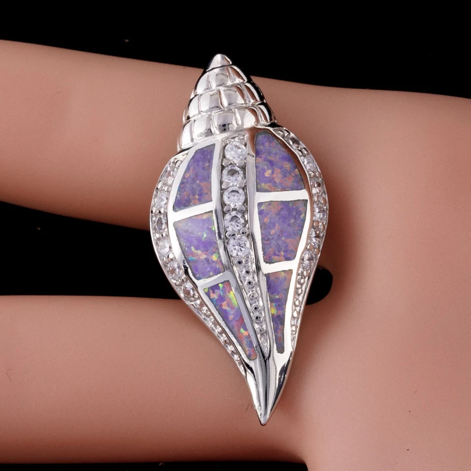 Collar colgante caracola concha lavanda púrpura ópalo de fuego plata joyería Foto 3 de 4