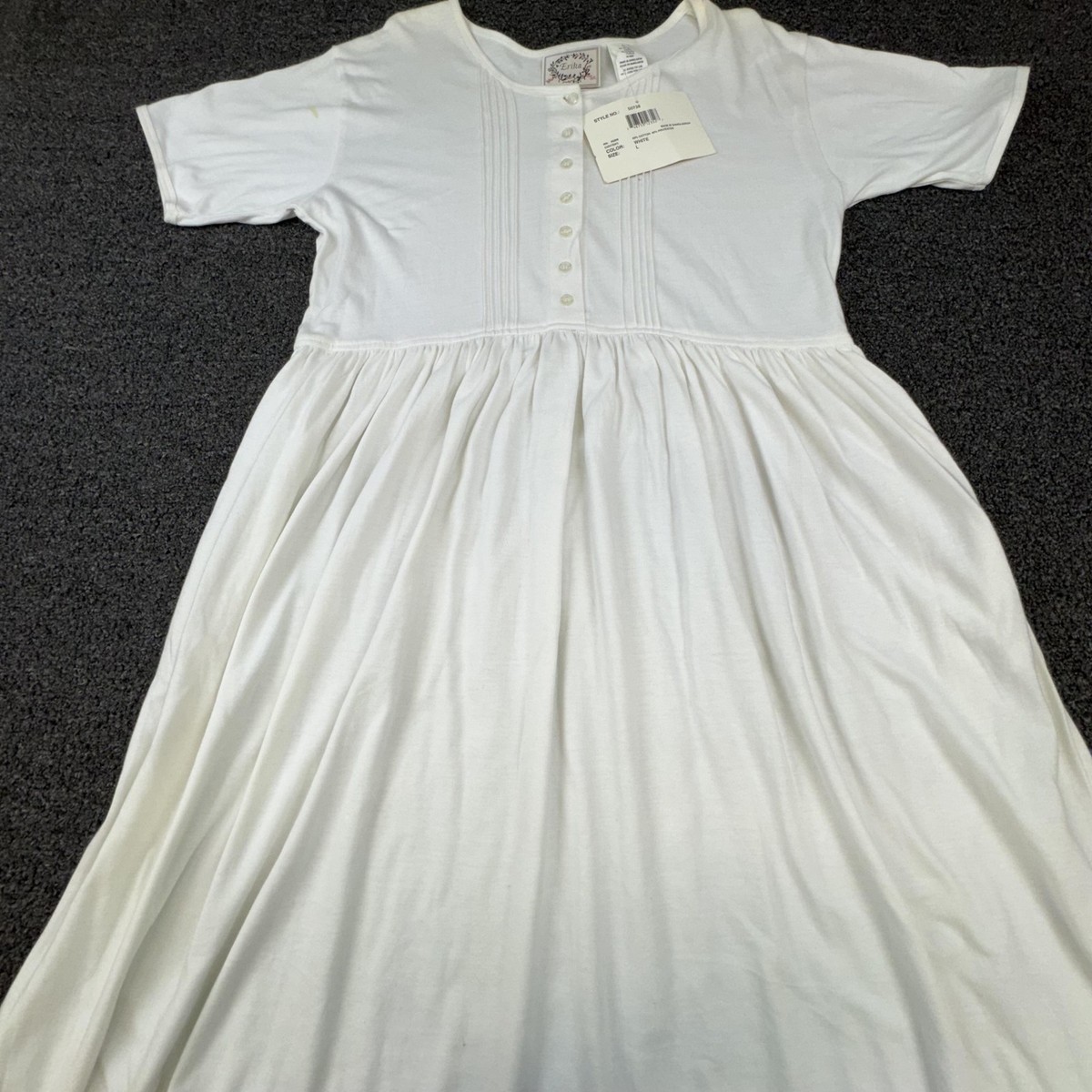 Vtg Erika Dress Womens L White T-Shirt Dress Maxi Round Neck Jersey Pullover
