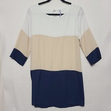 Lulu's Dress Size M Colorblock Cream Tan Navy Blue Tri Color 3/4 Sleeve Keyhole