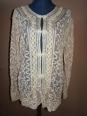 SHS 100% Acrylic Light Gold Beaded Soutache Ribbon Mesh Jacket One Size NWT