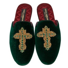 DOLCE & GABBANA Barock Kristall Kreuz Pantoffel Schuhe Mules Smaragd Grün