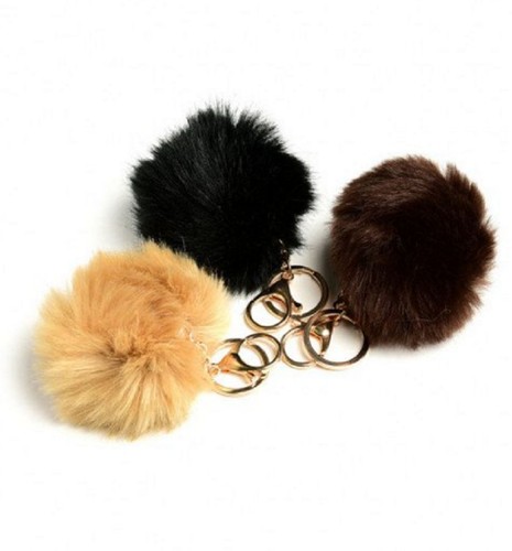 black furry puff fuzzy goldtone keychain, purse ornament black