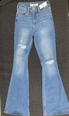 Hollister Women s Curvy High-Rise Vintage Flare Med Ripped Destroy sz 1R w25 L32