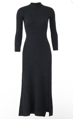 Theory Black Rib Knit Flounce Long Sleeve Wool Blend Sweater Dress