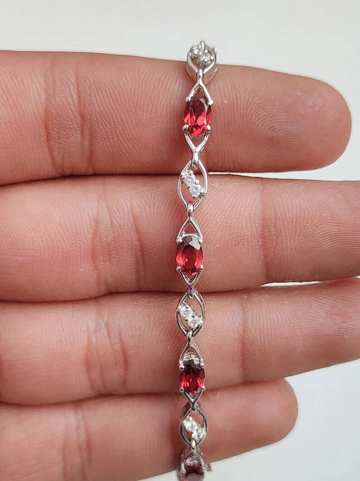 8.85 Karat Granat & Weiß Topas Tennis Armband 925 Massives Sterlingsilber - Bild 3 von 4