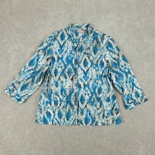 Chicos Women Open Front Jacket M Blue Linen Cardigan Geometric Mandarin Collar 1