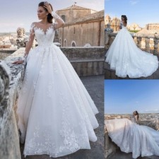 Luxury White Wedding Dresses V-Neck Sulfur Sleeves Lace Applique Bridal Gowns