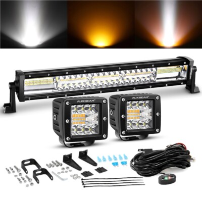 AUXBEAM 22'' + 3'' Driving LED Light Bar 6 Modes Amber White Strobe Spot Flood