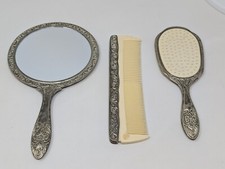 Vintage Ornate Victorian Style Silver Plate Vanity Set  Hand Mirror Comb & Brush