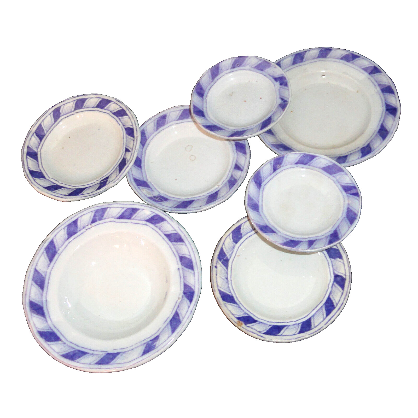 Set of 7 Staffordshire Childs Toy Dinner Set Plates Purple Ironstone STRIPE 1820