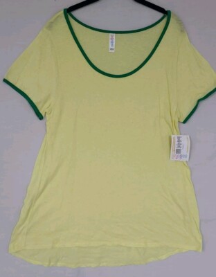 LuLaRoe Classic T Sz L  - Solid Yellow/Green Trim Slub Knit Top  Hi-Low Hem (AM)