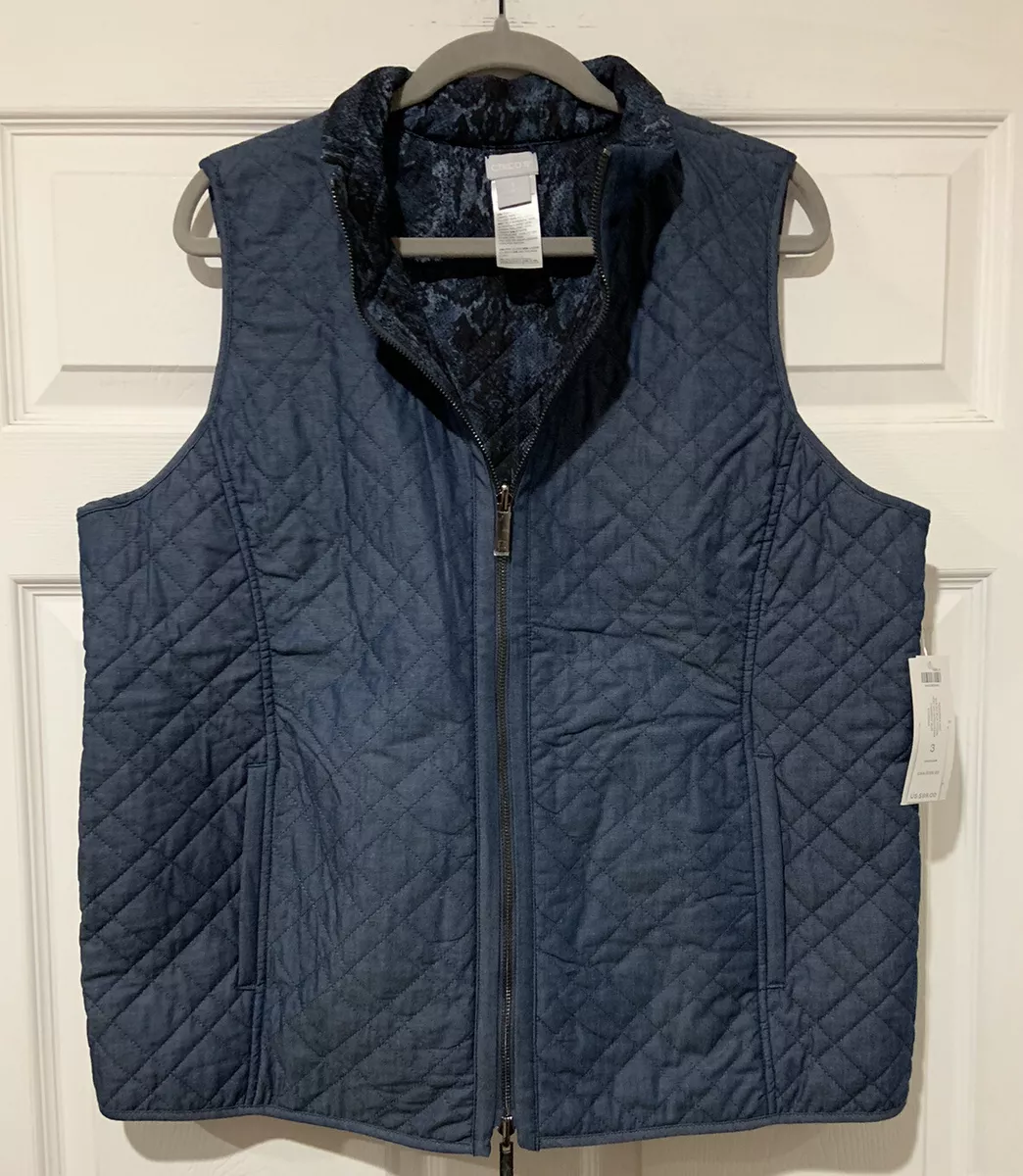 NWT Chico’s Sz 3 Reversible Quilted Blue Python/Chambray Blue Vest w/Pockets