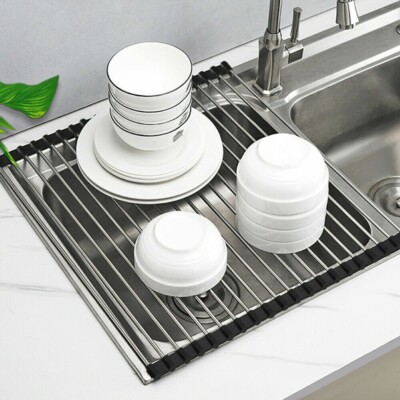 Sink Roll-Up Dish Drying Rack Pan Bottle Food Drainer Mat 18.5x15.7'' Black