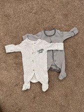 Matalan 2-Pack Baby Sleepsuits Grey Striped & "Cuddle Club" Slogan Babygrows