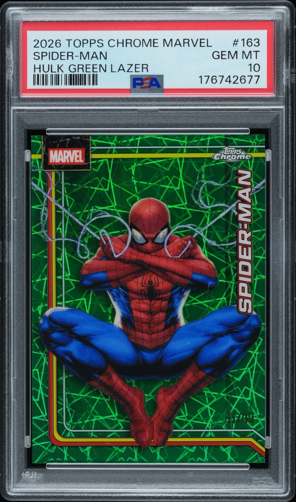 2026 Topps Chrome Marvel Spider-Man #163 Green Lazer Refractor /99 - PSA 10