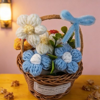 Handmade Crochet Flower Bouquet, Knitted Daisy Flower Basket for Home Decor