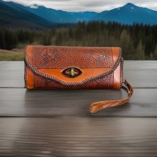 Vintage Hand- Tooled Leather Purse With Snap-In Wallet-9-3/4  Long