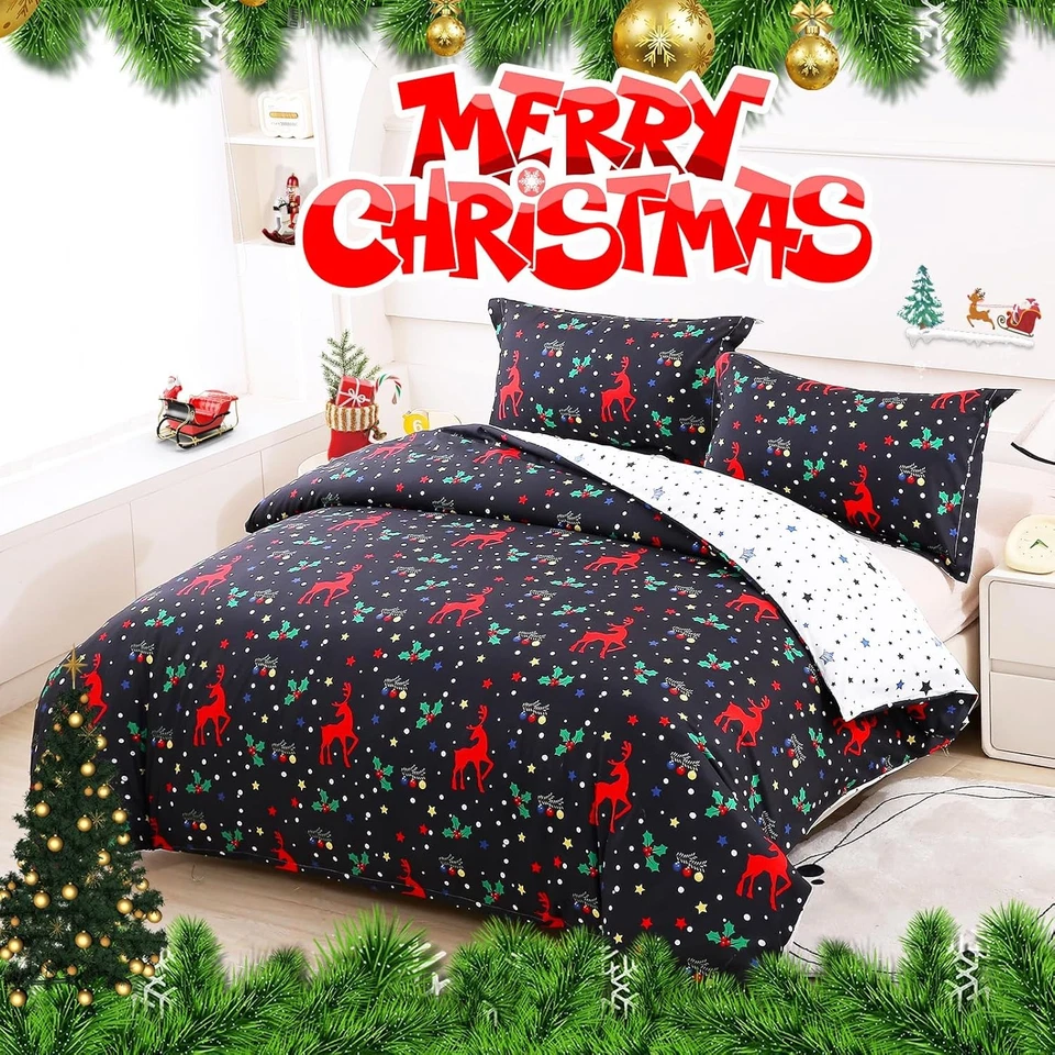 Juego de funda nórdica premium Queen Navidad Holly Berry & Deer ropa de cama de vacaciones Foto 2 de 4