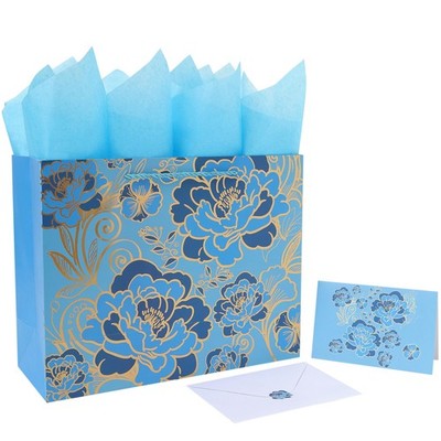 1 Pcs 13x5.2x10.2 Large Rose Blue Gift Bag, Foil Traced Flowers, Card, Tissue