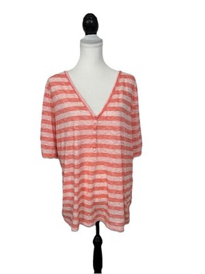 Lane Bryant Knit Blouse Plus Size 22/24 Orange Stripe V Neck Ruched Sleeves Top