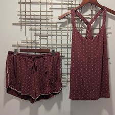 Soma Cool Nights PJ Set Tank Top Shorts Burgundy White Polka Dot Women's Sz L
