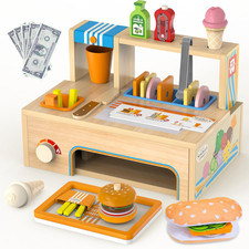 Wooden Play Food Sets Sandwich Counter with Storage, 56 Pcs Foldable Pretend Pla