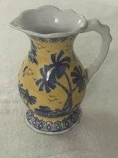 Pitcher Yellow & Blue Palm Trees Boats & Houses. Made In China 7.5” Tall