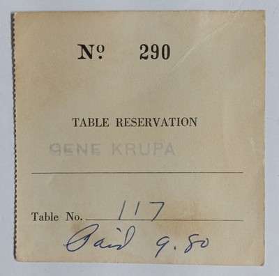 1940s Gene Krupa Table Reservation Jazz Club Ephemera Ticket