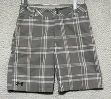 Under Armour Boys YMD Gray Plaid Golf Shorts Performance Activewear Adj Waist