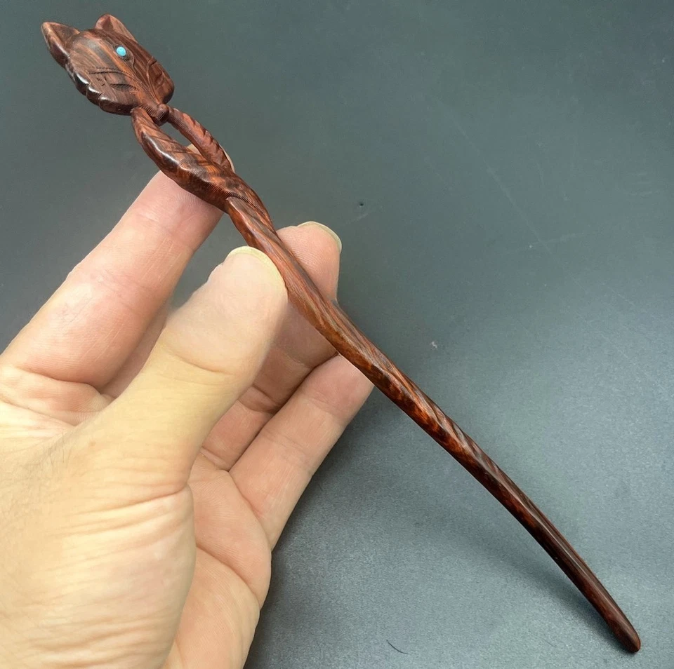Rosewood Carved Hair Pin Stick Fox Type Fork Updo Bun Styling Boho Outfit - Image 3 of 4