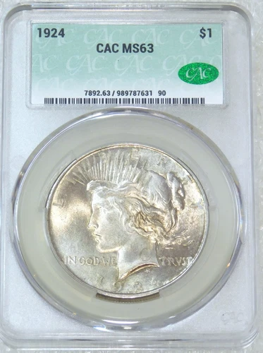 1924 Peace Dollar CACG MS63 CAC Frosty Just Graded New Holder #Y19C