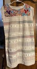 Vintage Mexican Embroidered Huipil Tunic Dress Floral Birds Folk Art Boho